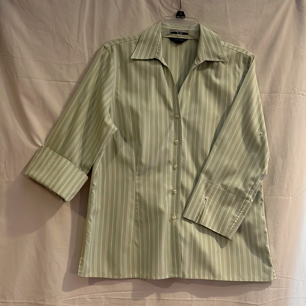 Lands End button down, 3/4 sleeve, pastel lime green & white striped blouse.